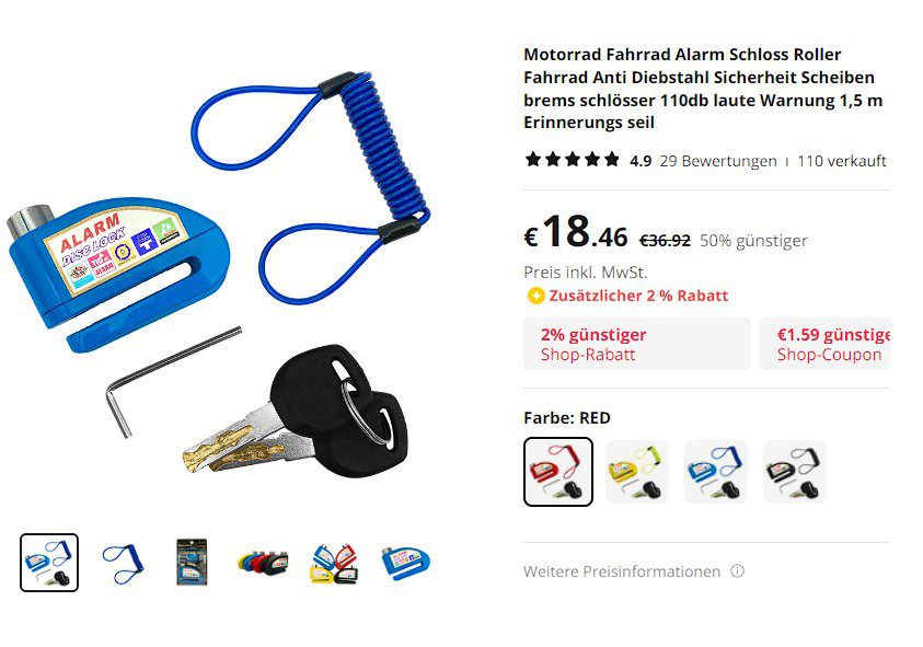 Motorrad Fahrrad Alarm Schloss Roller Fahrrad Anti Diebstahl Sicherheit Scheiben brems schlösser 110db laute Warnung 1,5 m Erinnerungs seil